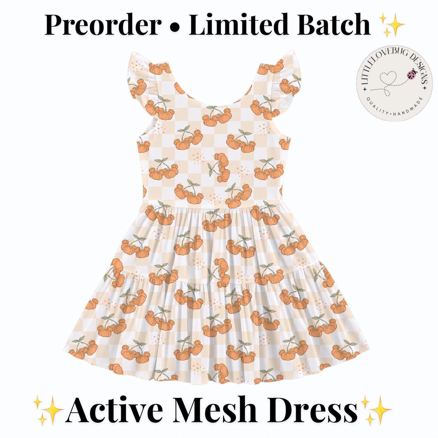 PREORDER Mickey Pumpkin Cherry Gingham Active Mesh Twirl Dress with Separate Shorts | Girls Fall Thanksgiving Outfit
