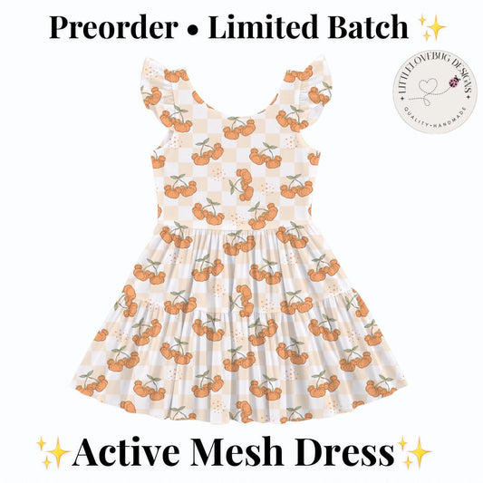 PREORDER Mickey Pumpkin Cherry Gingham Active Mesh Twirl Dress with Separate Shorts | Girls Fall Thanksgiving Outfit