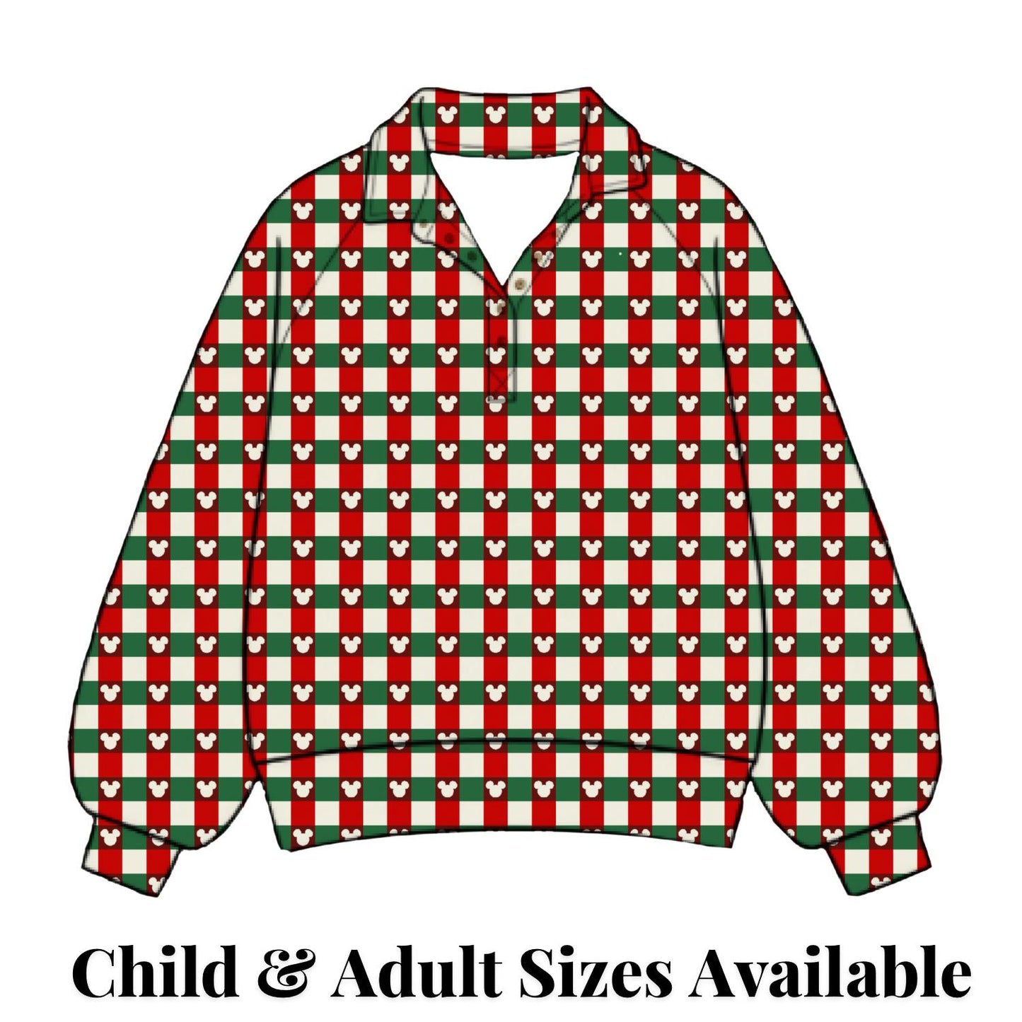 Preorder Disney Christmas Checkered Quarter Zip Pullover, Unisex Holiday Sweatshirt for Matching Family Outfits