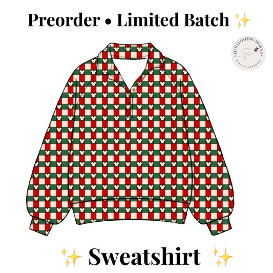 Preorder Disney Christmas Checkered Quarter Zip Pullover, Unisex Holiday Sweatshirt for Matching Family Outfits