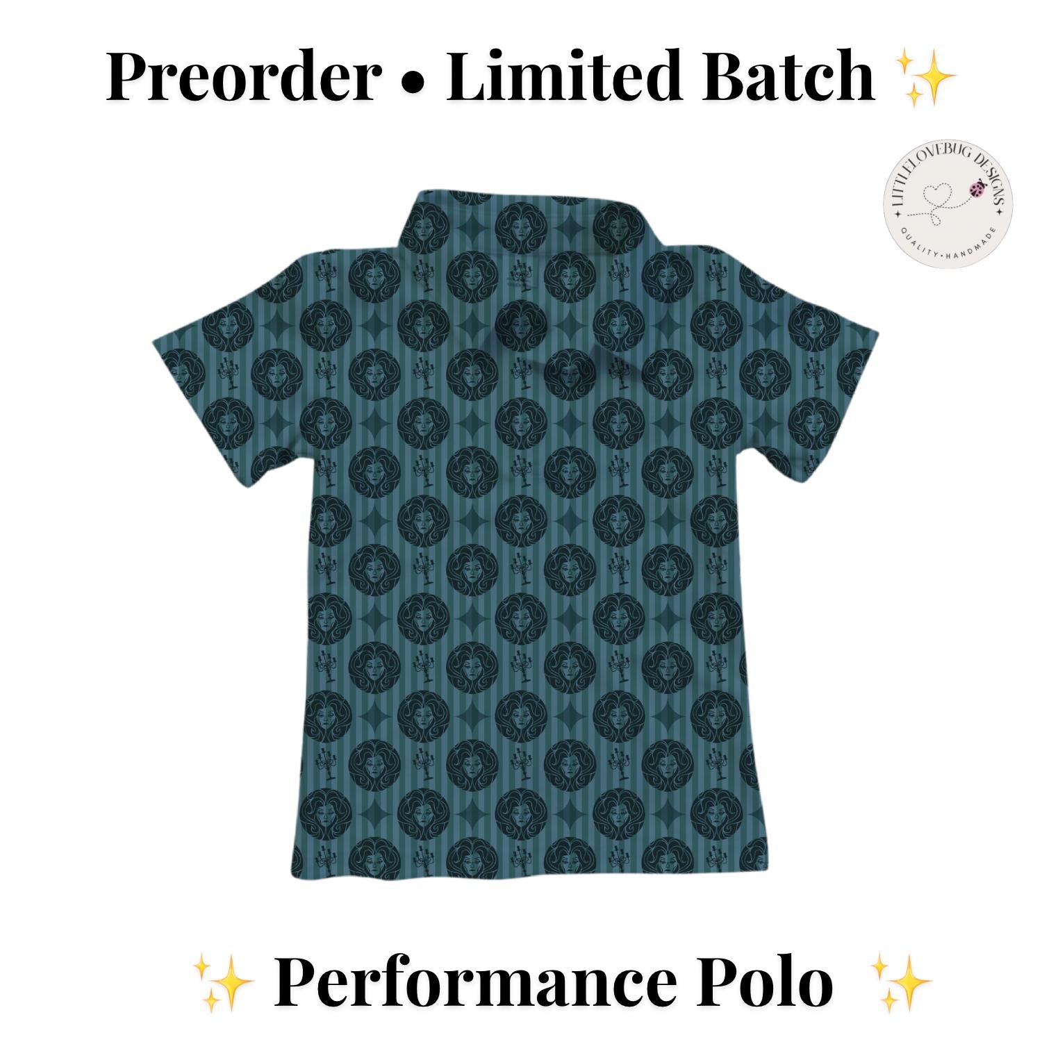 PREORDER Haunted Mansion Portrait Performance Polo Shirt | Adult and Child Teal Gothic Disney Park Outfit