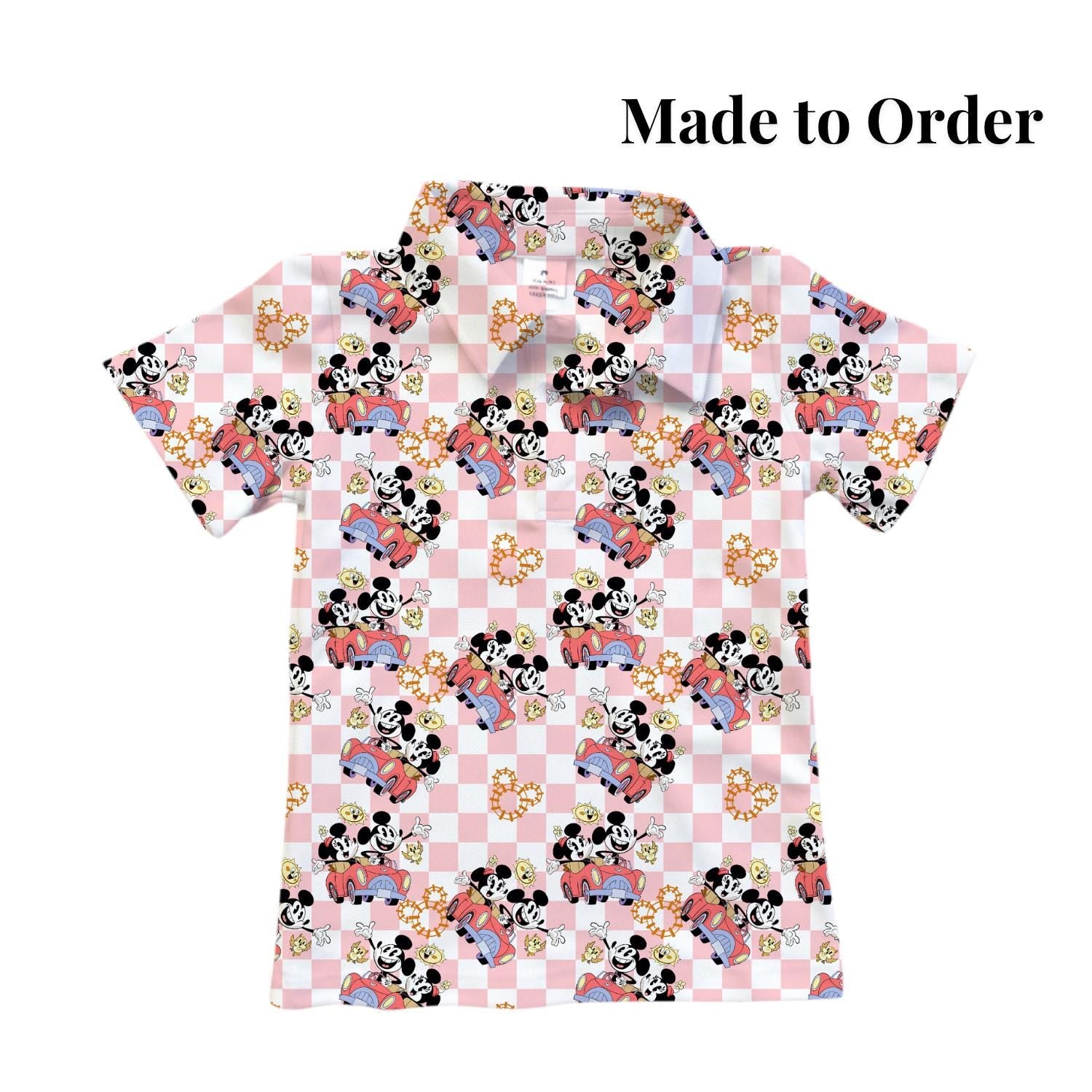 PREORDER Mickey and Minnie Runaway Railway Performance Polo Shirt | Adult and Child Pink Checkered Disney Park Outfit