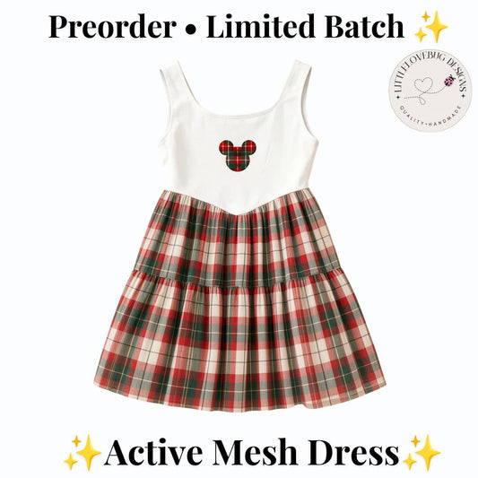 Preorder Christmas Plaid Mickey Girls Mesh Dress Toddler Kids Holiday Twirl Park Outfit
