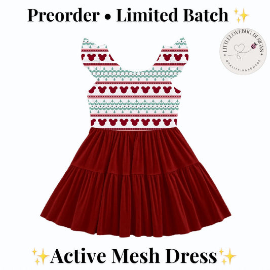 PREORDER Mickey Christmas Fair Isle Ruffle Sleeve Mommy and Me Active Mesh Dress Holiday Twirl Park Outfit