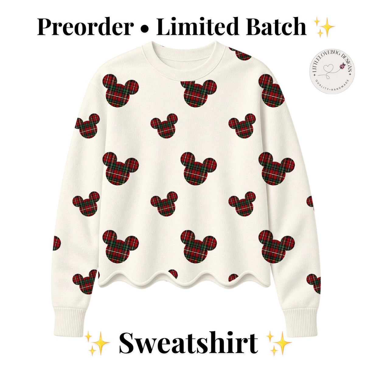 Preorder Christmas Plaid Mickey Sweatshirt Women Girls Scalloped Hem Crewneck