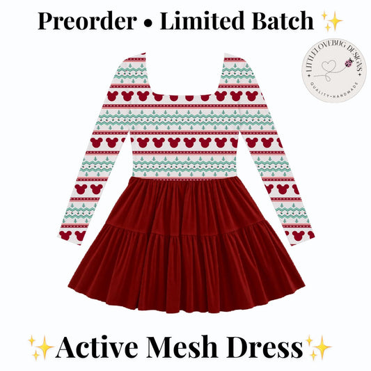 PREORDER Mickey Christmas Fair Isle Long Sleeve Square Neck Mommy and Me Active Mesh Dress
