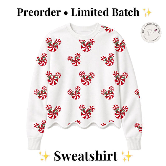 Preorder Peppermint Mickey Sweatshirt Women Girls Scalloped Hem Christmas Crewneck
