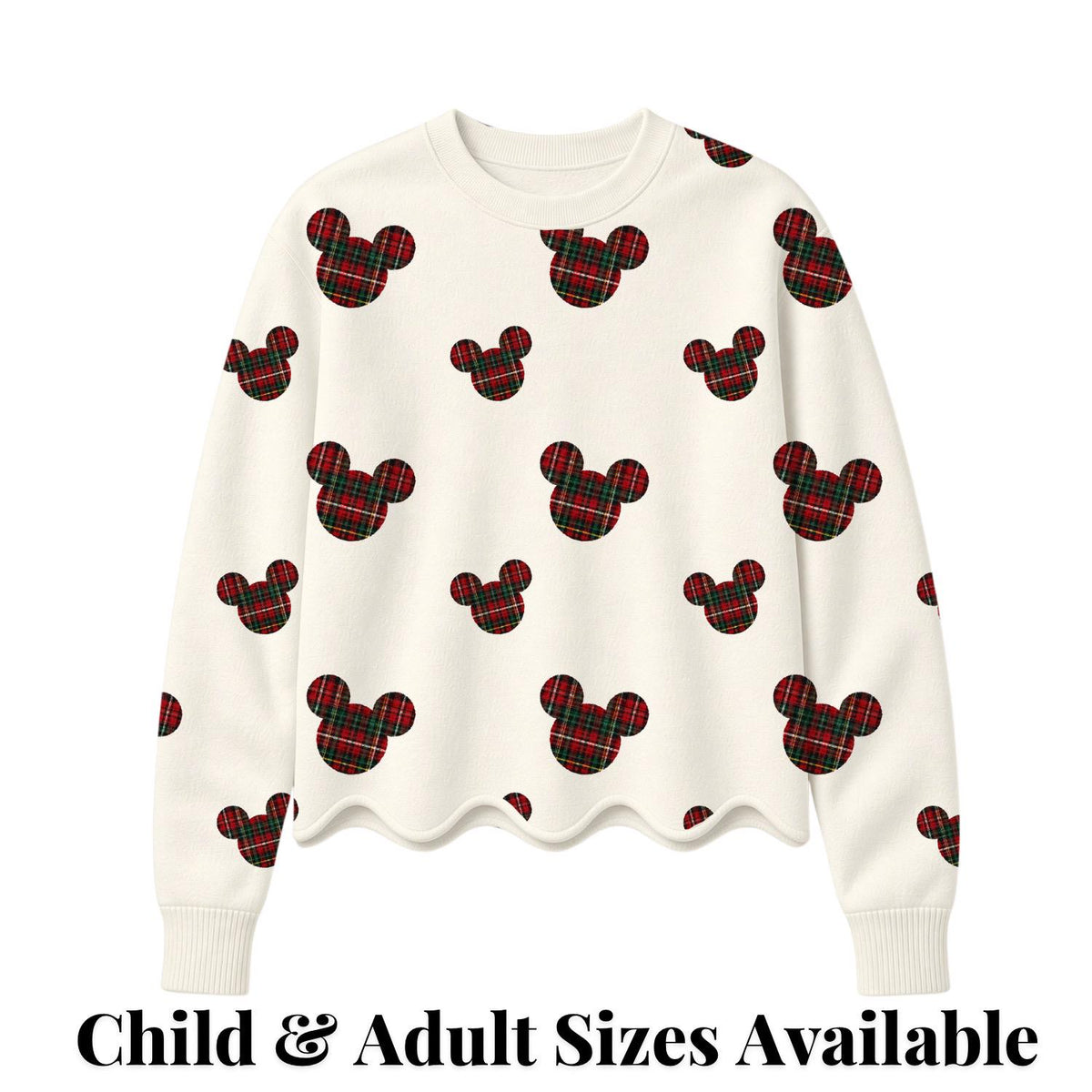 Preorder Christmas Plaid Mickey Sweatshirt Women Girls Scalloped Hem Crewneck