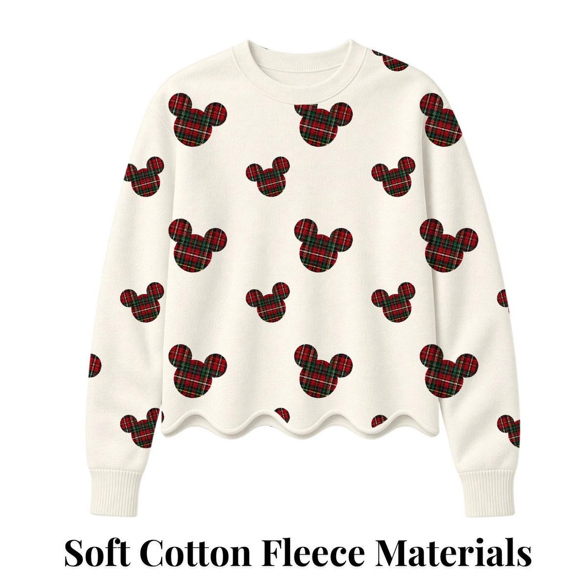 Preorder Christmas Plaid Mickey Sweatshirt Women Girls Scalloped Hem Crewneck