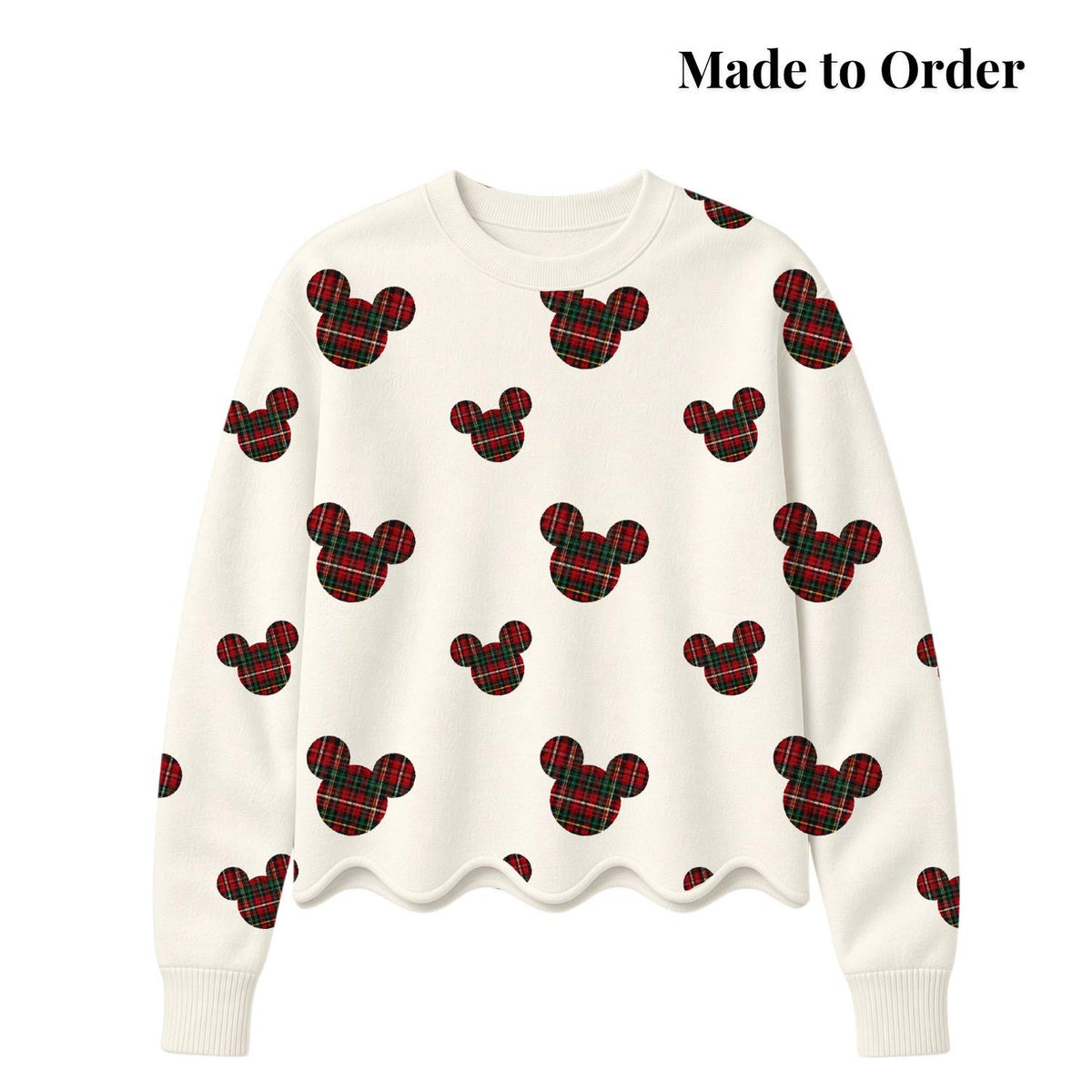 Preorder Christmas Plaid Mickey Sweatshirt Women Girls Scalloped Hem Crewneck