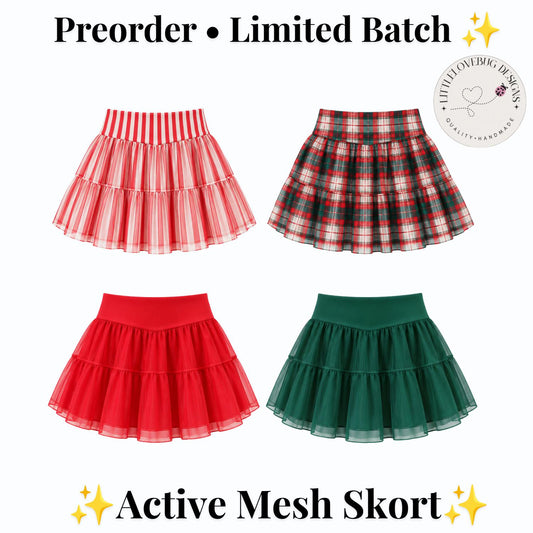 Preorder Christmas Mesh Skort Girls Toddler Kids Plaid Candy Cane Red Green Twirl