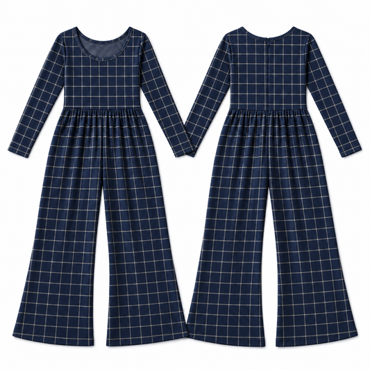 Navy Windowpane Long Sleeve Wide Leg Romper — design mockup