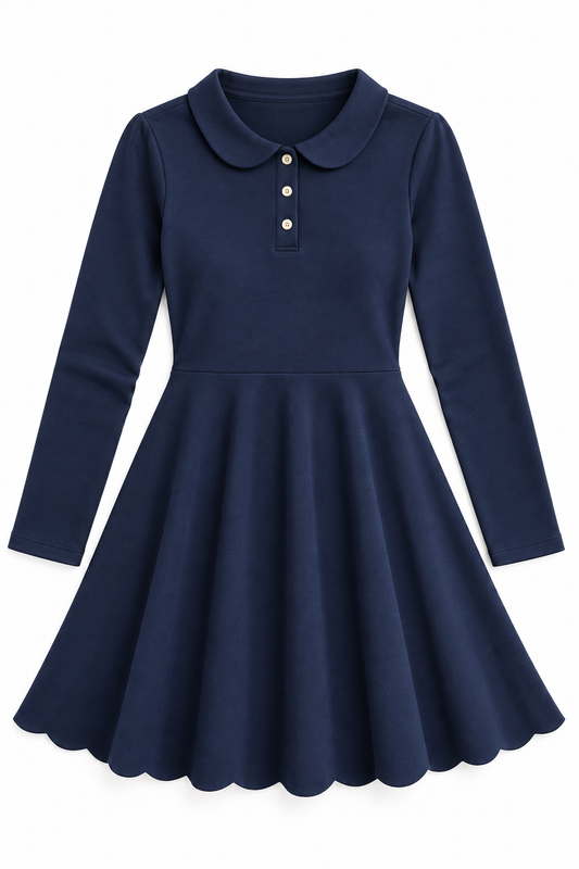 Navy Long Sleeve Scalloped Polo Dress — design mockup