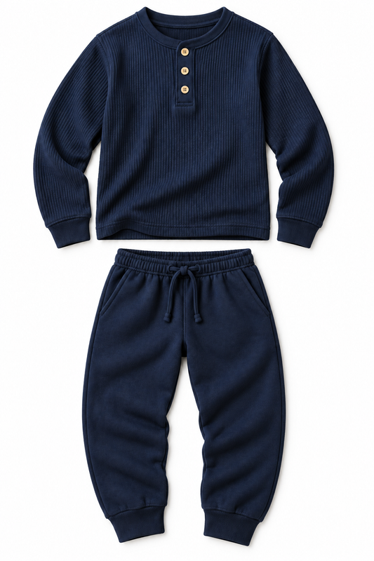 Navy Ribbed Henley Jogger Set — AI-generated child product design mockup