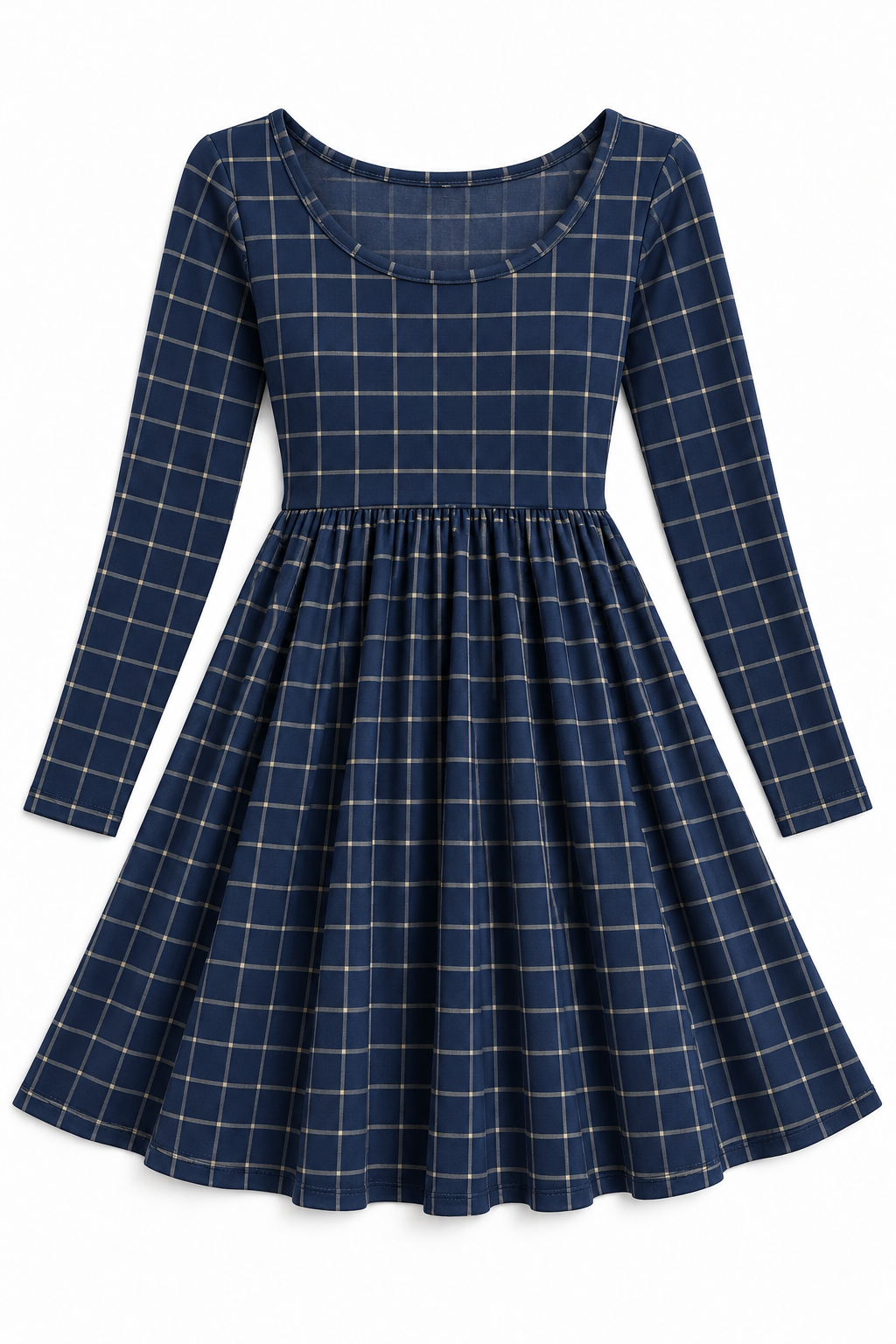 Navy Windowpane Long Sleeve Swing Dress — AI-generated product design mockup