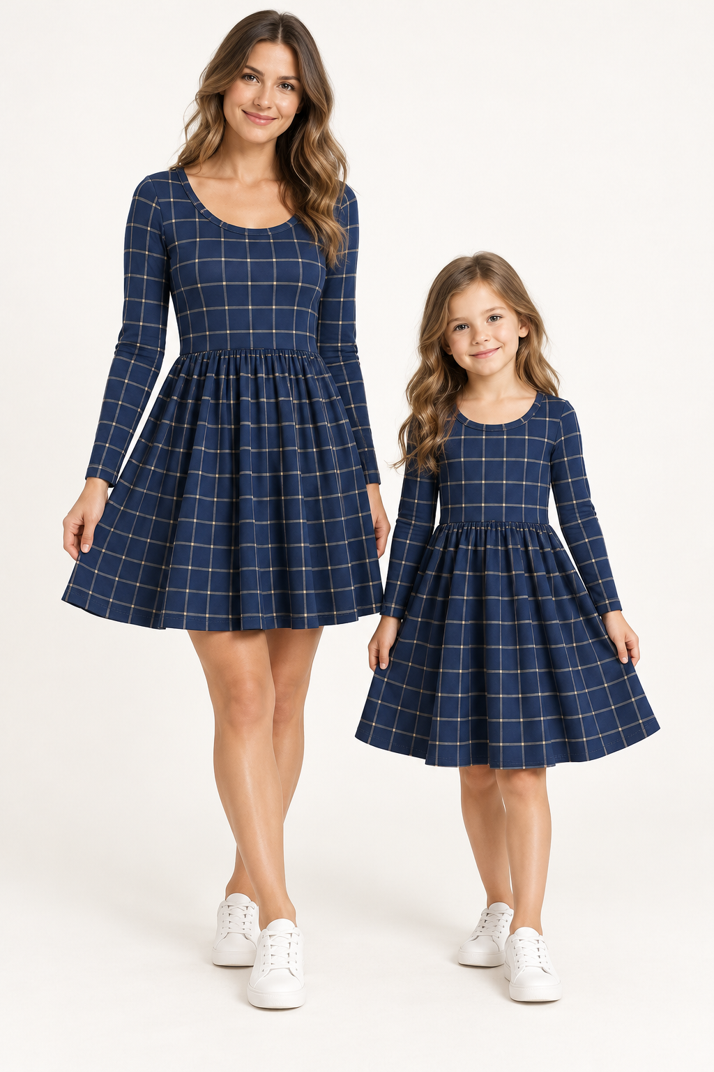 Navy Windowpane Long Sleeve Swing Dress — AI-generated model mockup