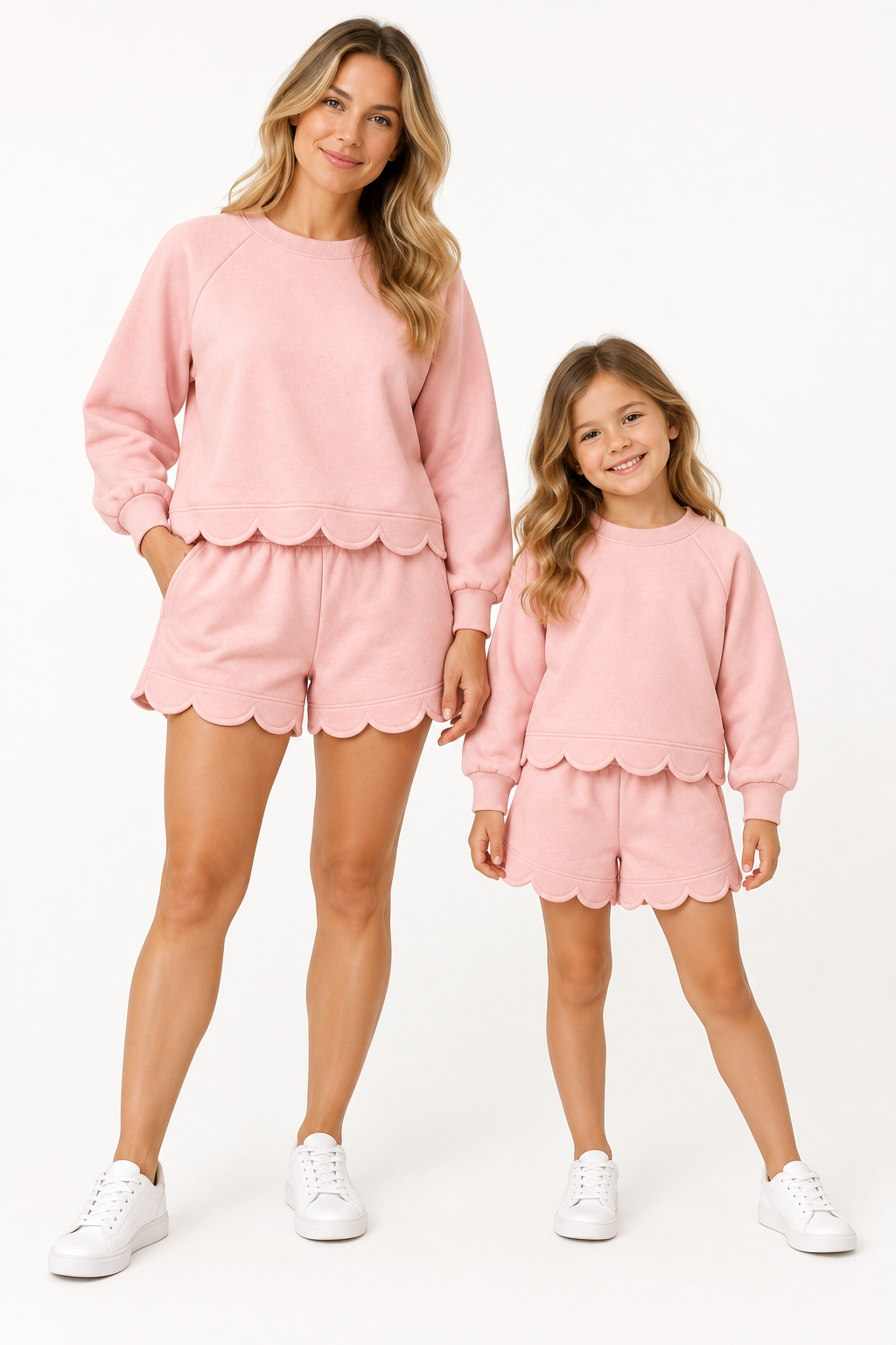 Pink Scalloped Sweatshirt and Shorts Set — AI-generated adult and child model mockup