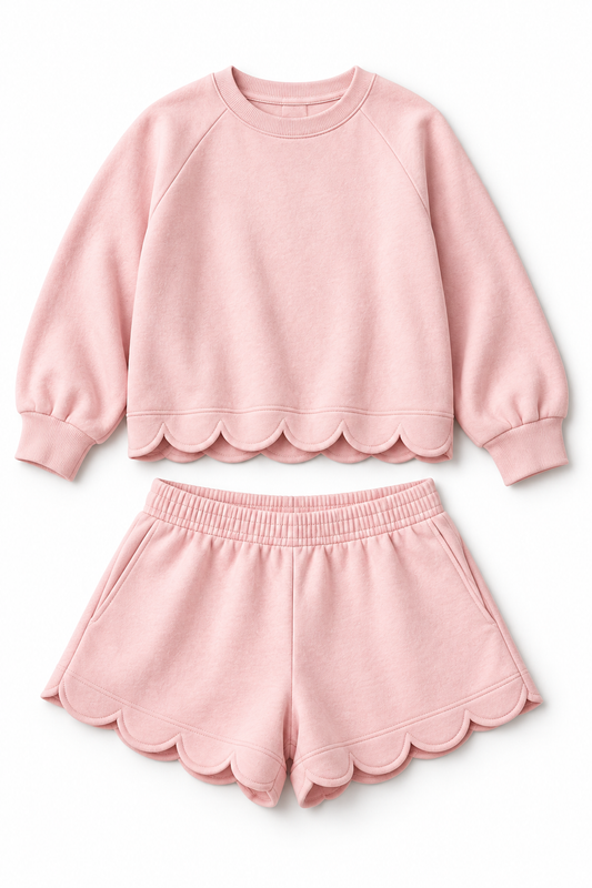 Pink Scalloped Sweatshirt and Shorts Set — design mockup