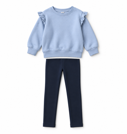 Powder Blue Ruffle Sweatshirt and Navy Leggings Set — AI-generated product design mockup