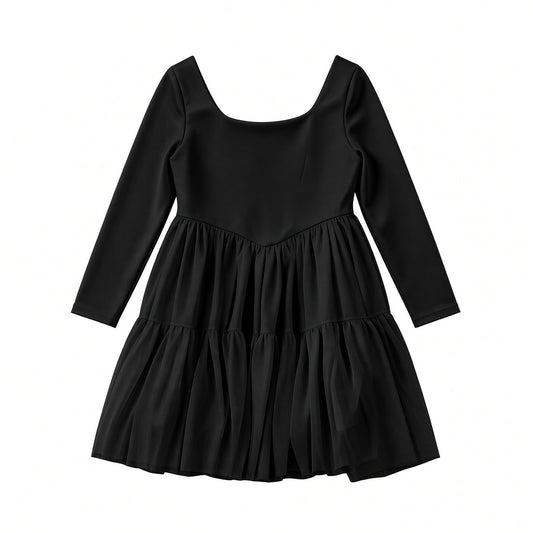 Black solid long sleeve mesh twirl dress