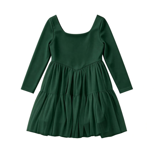 Forest Green solid long sleeve mesh twirl dress