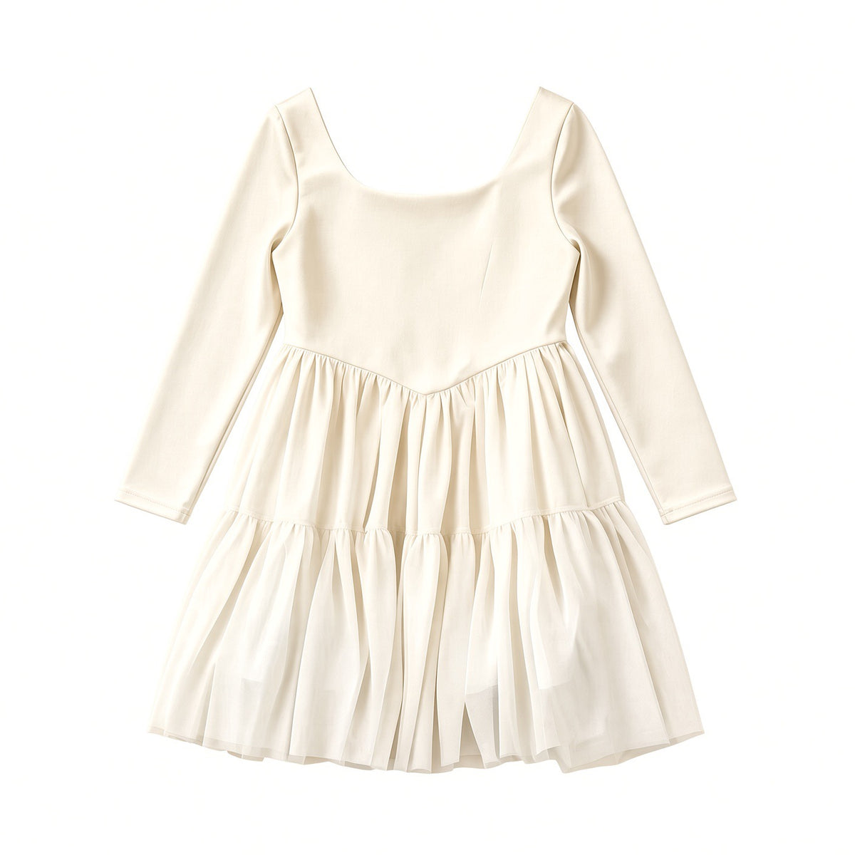 Ivory solid long sleeve mesh twirl dress