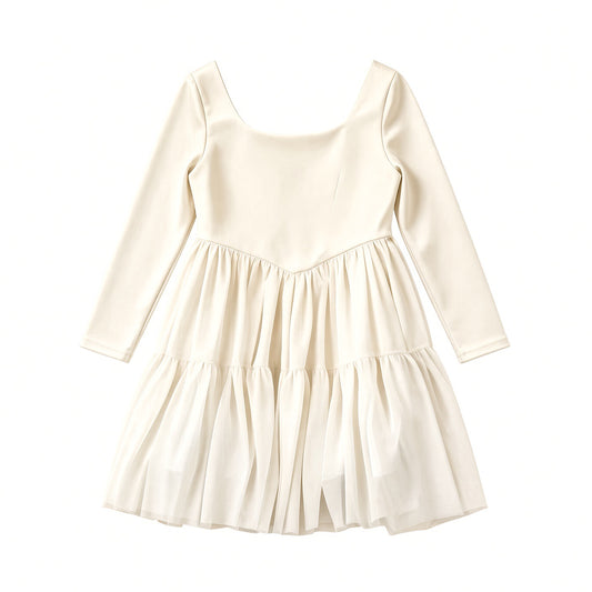 Ivory solid long sleeve mesh twirl dress