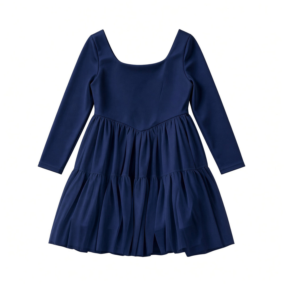 Navy solid long sleeve mesh twirl dress
