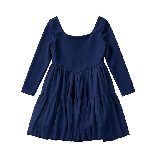 Navy solid long sleeve mesh twirl dress