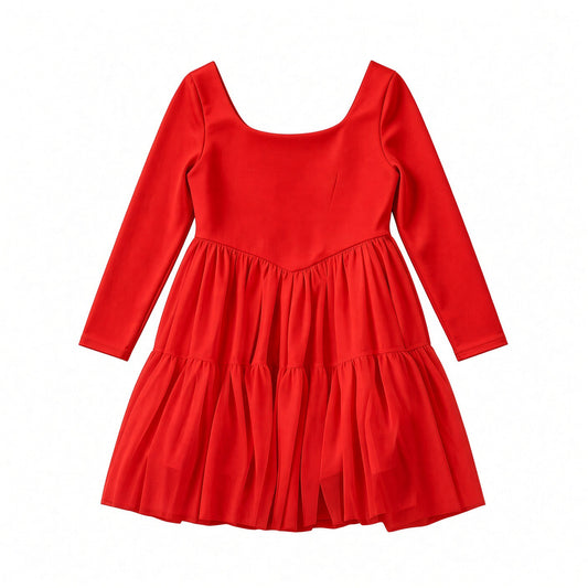 Red solid long sleeve mesh twirl dress